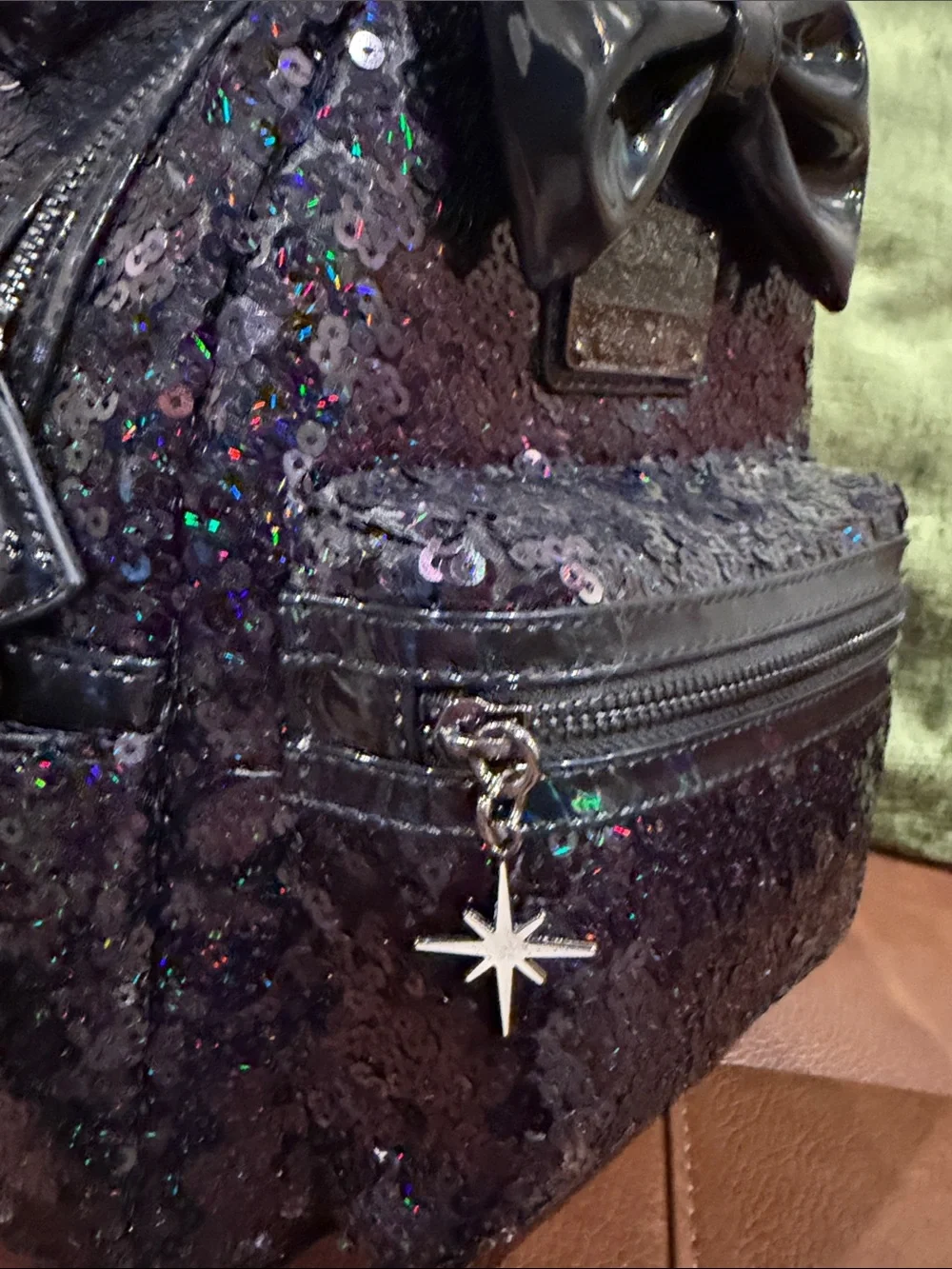 Disney Black Holographic Sequin Minnie Ears Backpack with Black Bow and Straps